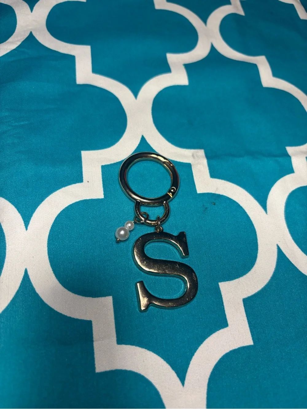 New Gold 'S' Initial Keychain with Pearl Accent Bag Charm Keychain